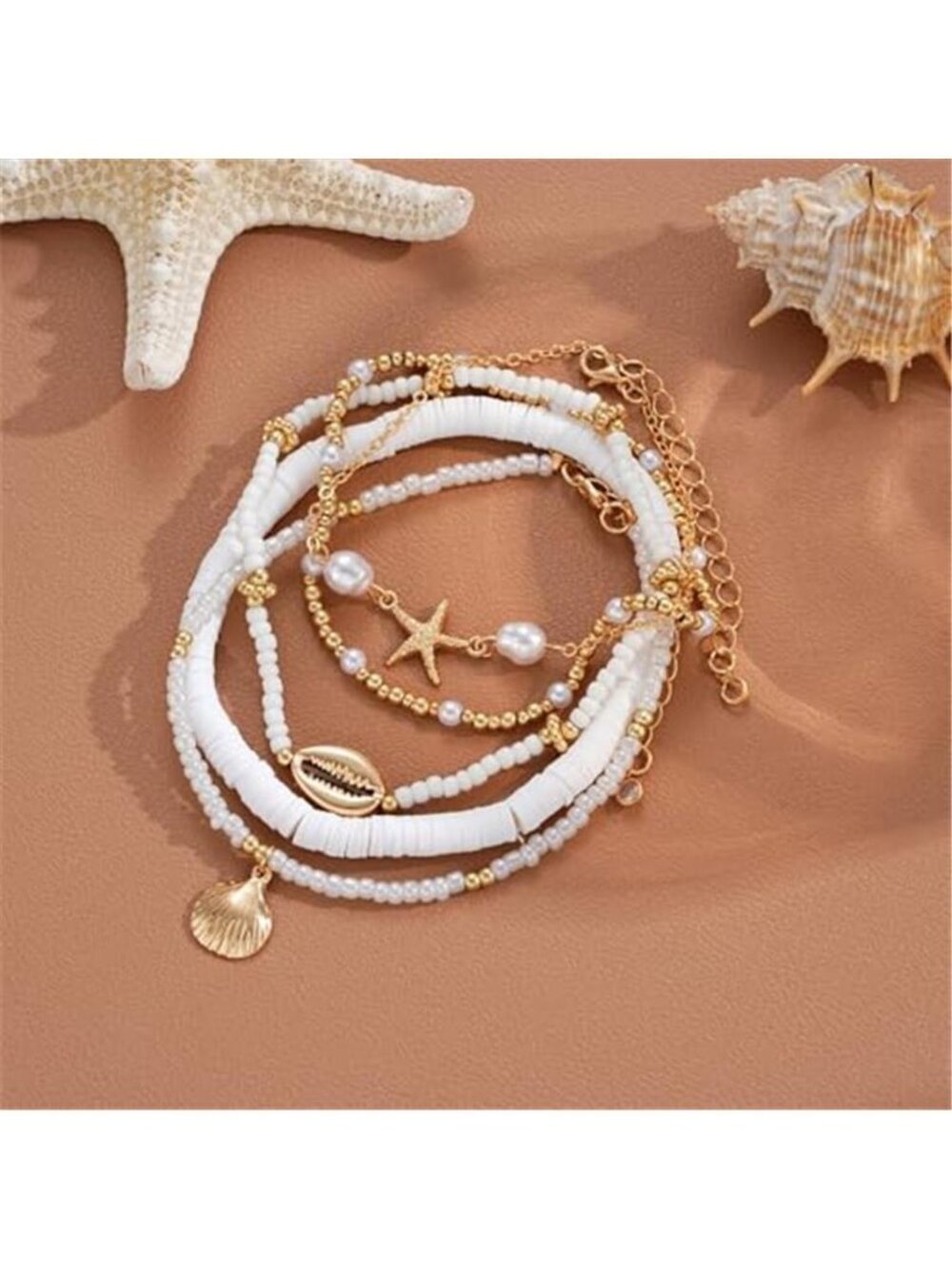 Boho Shell Anklet Set Womens 5 Pairs Gold Plated - Picture 2 of 3